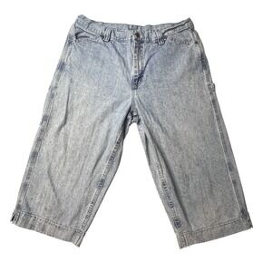 VTG Lee Carpenter Shorts Womens 16M Blue Denim Wide Leg Cinch Back Distressed